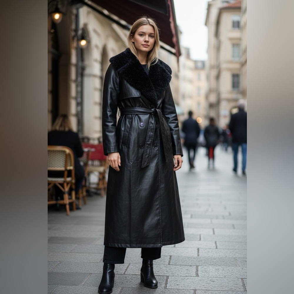 Vintage style SHEIN Black Faux Leather Long Trench Coat with Shearling Collar - Picture 17 of 17